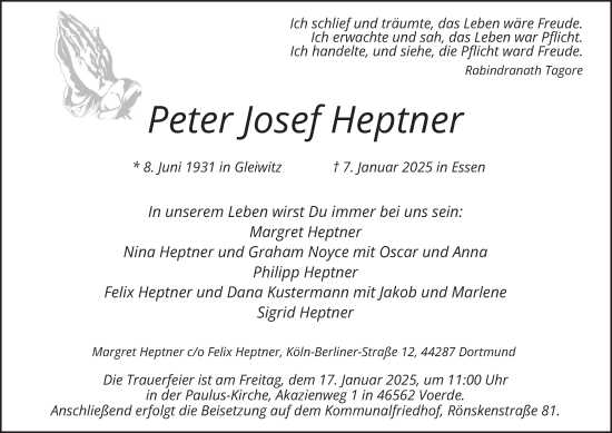 Traueranzeige von Peter  Heptner von Tageszeitung