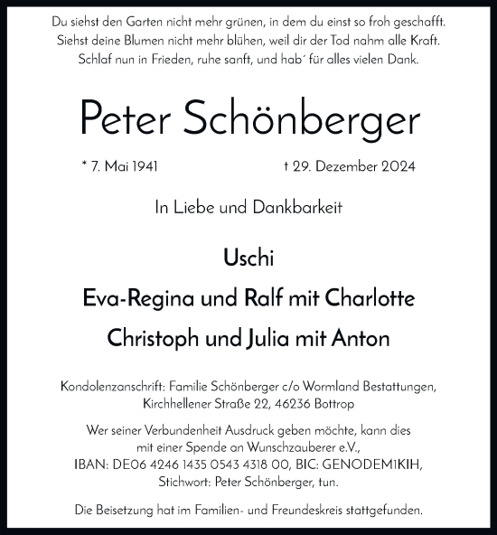 Traueranzeige von Peter Schönberger von Tageszeitung