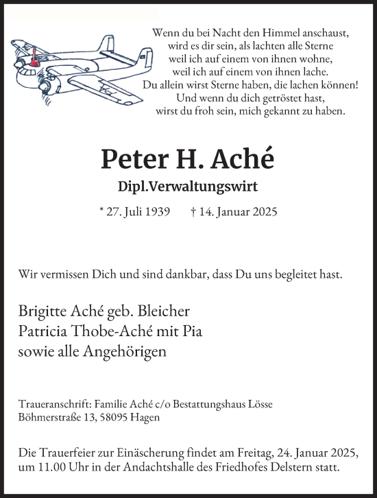 Traueranzeige von Peter H. Ache von Tageszeitung