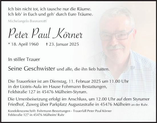 Traueranzeige von Peter Paul Körner von Tageszeitung