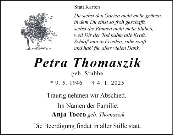 Traueranzeige von Petra Thomaszik von Tageszeitung