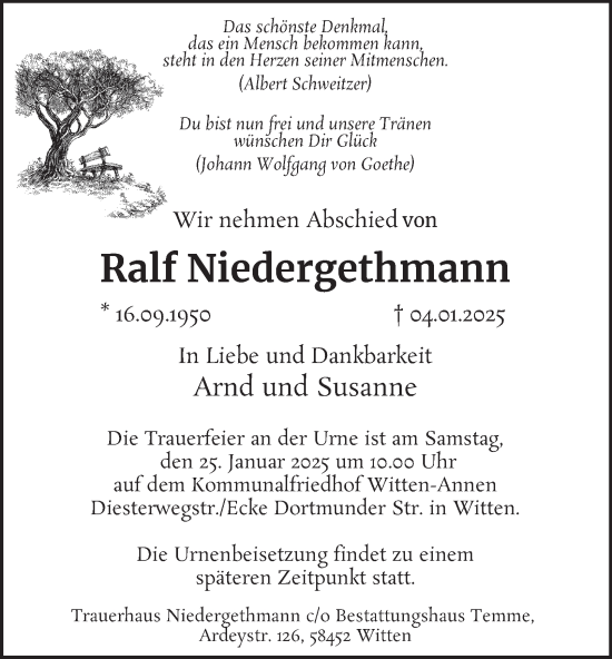 Traueranzeige von Ralf Niedergethmann von Tageszeitung