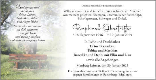 Traueranzeige von Raphael Obertrifter von Tageszeitung