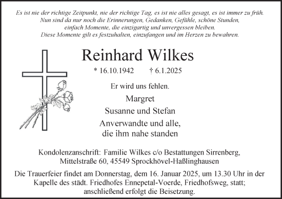 Traueranzeige von Reinhard Wilkes von Tageszeitung