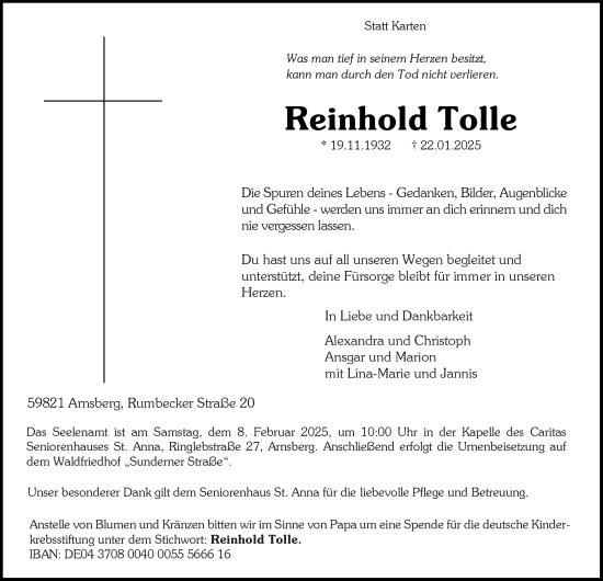 Traueranzeige von Reinhold Tolle von Tageszeitung