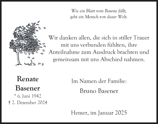 Traueranzeige von Renate Basener von Tageszeitung
