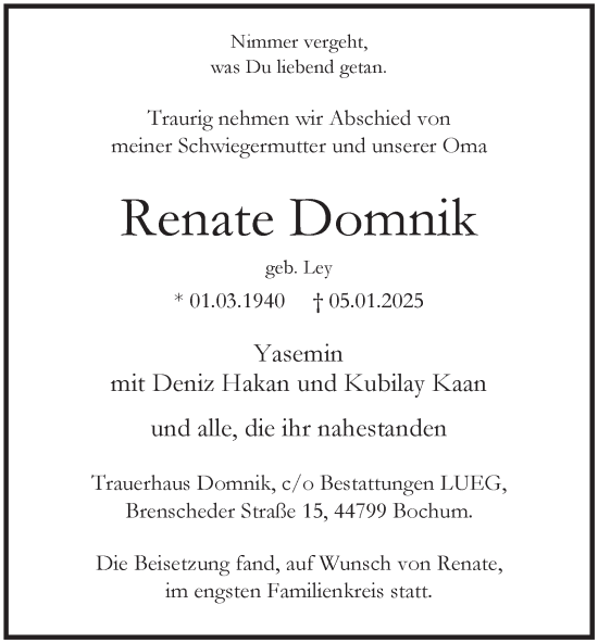 Traueranzeige von Renate Domnik von Tageszeitung