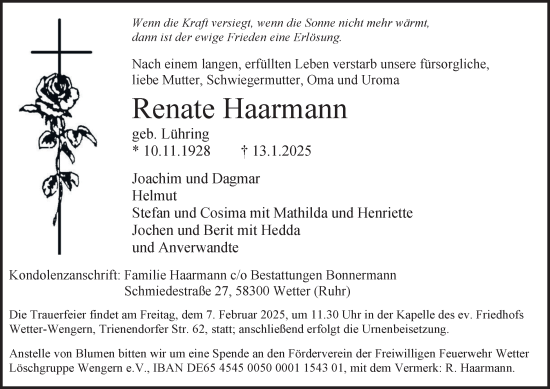 Traueranzeige von Renate Haarmann von Tageszeitung