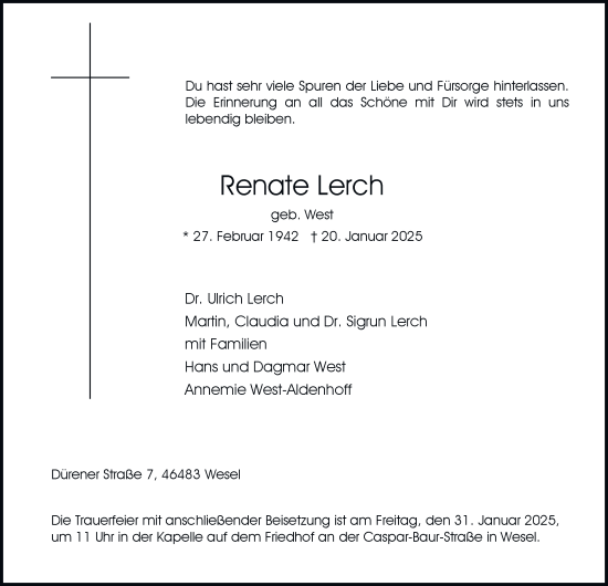 Traueranzeige von Renate Lerch von Tageszeitung