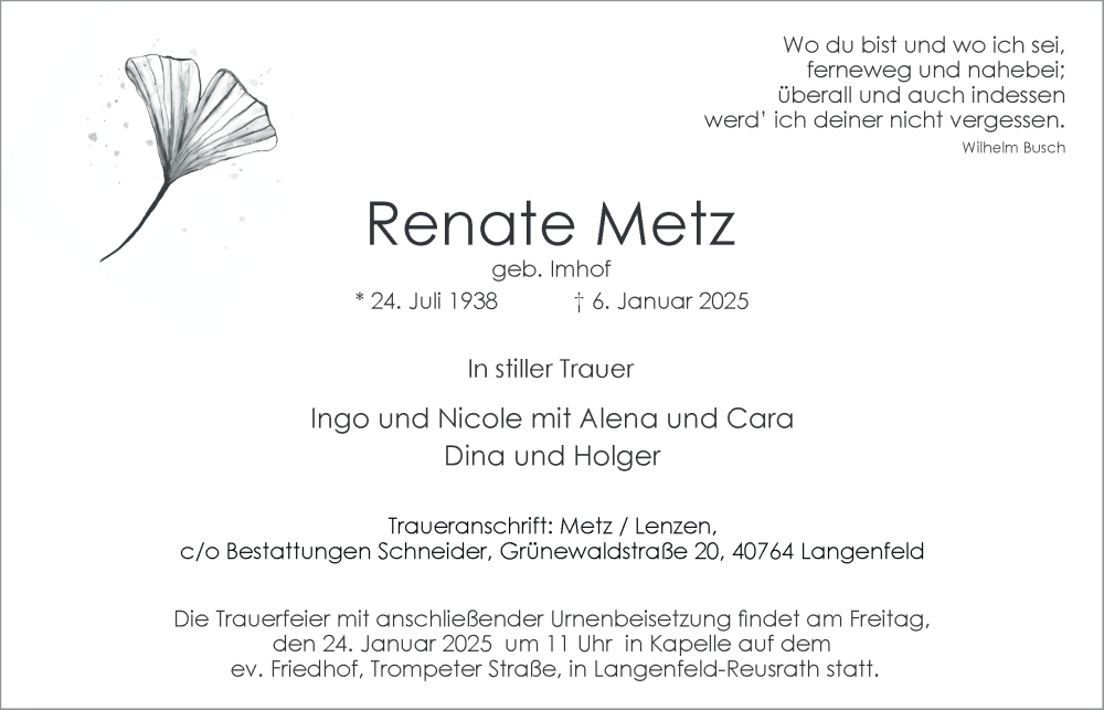  Traueranzeige für Renate Metz vom 18.01.2025 aus Tageszeitung