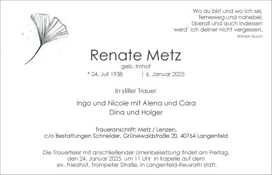 Traueranzeige von Renate Metz von Tageszeitung