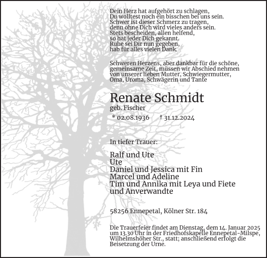Traueranzeige von Renate Schmidt von Tageszeitung