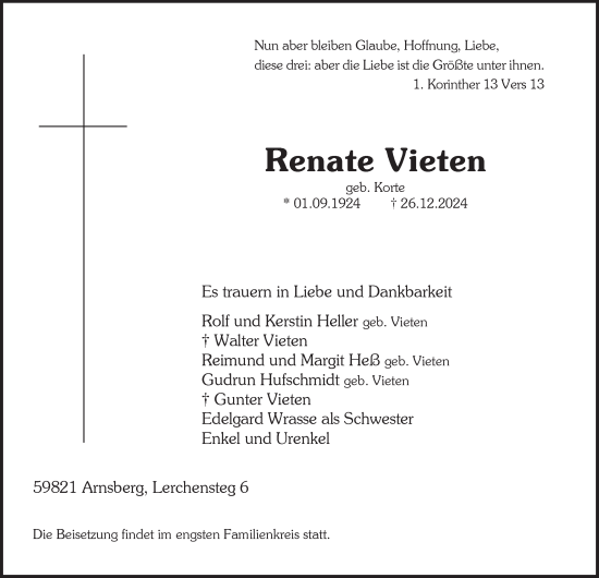 Traueranzeige von Renate Vieten von Tageszeitung
