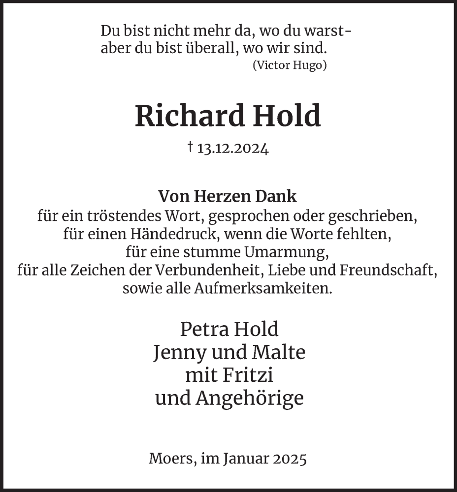  Traueranzeige für Richard Hold vom 25.01.2025 aus Tageszeitung