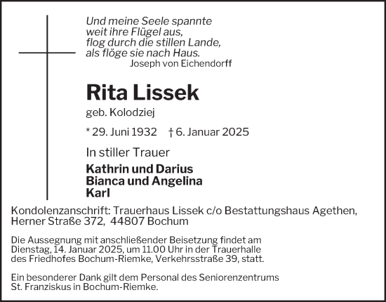 Traueranzeige von Rita Lissek von Tageszeitung