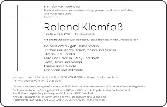 Traueranzeige von Roland Klomfaß von Tageszeitung