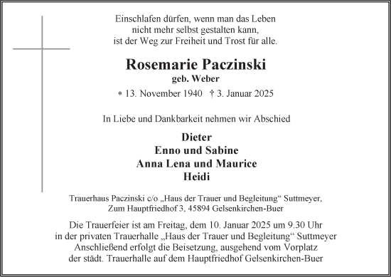 Traueranzeige von Rosemarie Paczinski von Tageszeitung