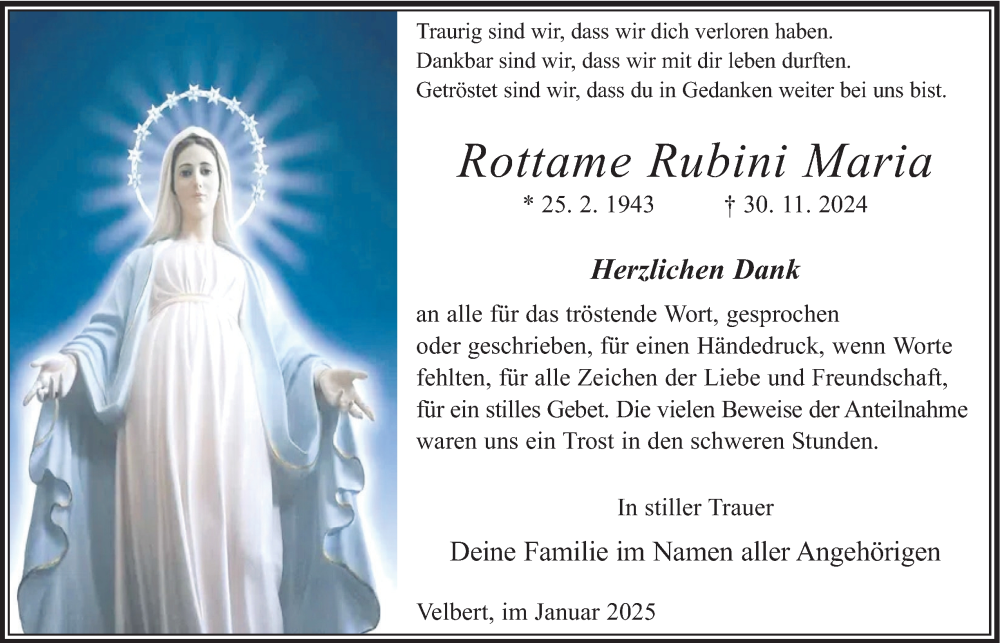  Traueranzeige für Rottame Rubini Maria vom 18.01.2025 aus Tageszeitung