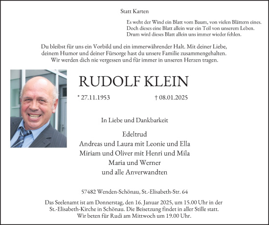 Traueranzeige von Rudolf Klein von Tageszeitung