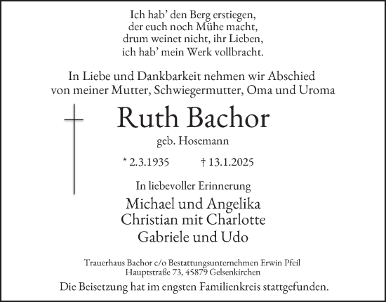 Traueranzeige von Ruth Bachor von Tageszeitung