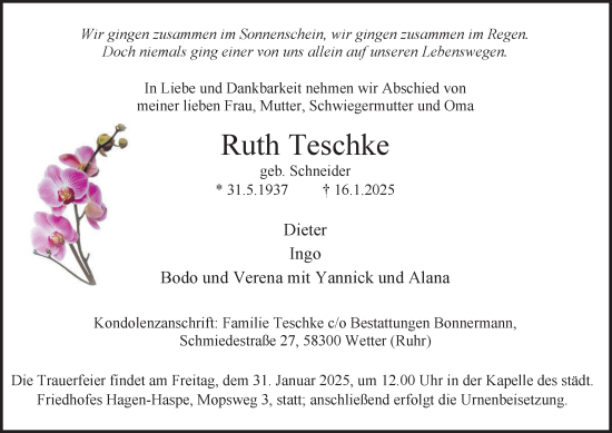 Traueranzeige von Ruth Teschke von Tageszeitung