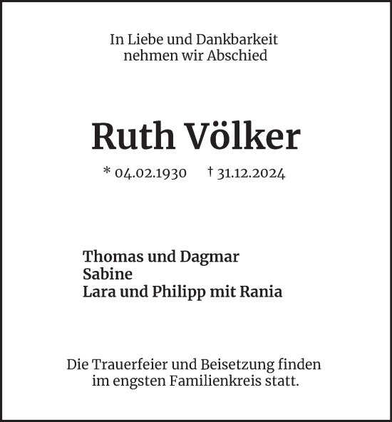 Traueranzeige von Ruth Völker von Tageszeitung