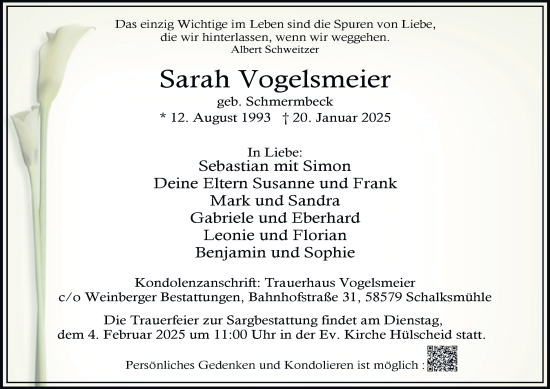 Traueranzeige von Sarah Vogelsmeier von Tageszeitung