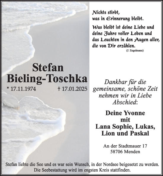 Traueranzeige von Stefan Bieling-Toschka von Tageszeitung