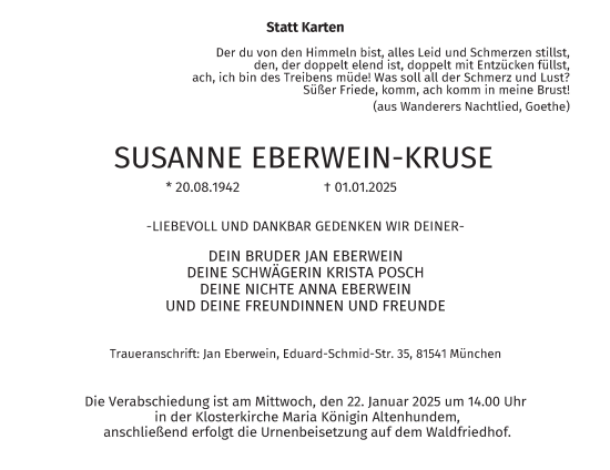 Traueranzeige von Susanne Eberwein-Kruse von Tageszeitung