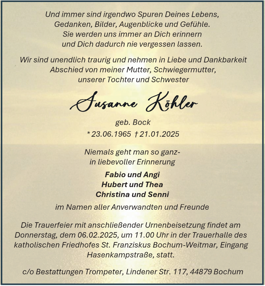  Traueranzeige für Susanne Köhler vom 01.02.2025 aus Tageszeitung