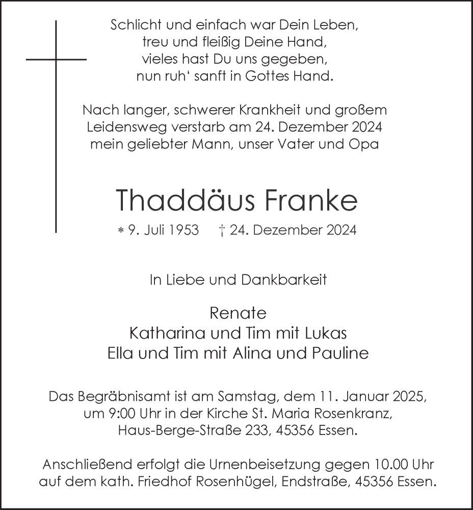  Traueranzeige für Thaddäus Franke vom 04.01.2025 aus Tageszeitung