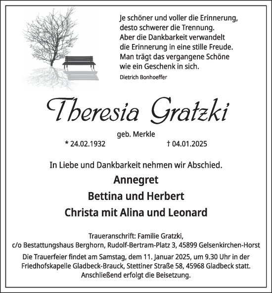 Traueranzeige von Theresia Gratzki von Tageszeitung