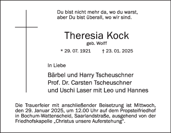 Traueranzeige von Theresia Kock von Tageszeitung