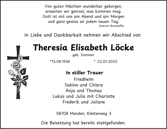 Traueranzeige von Theresia Elisabeth Löcke von Tageszeitung