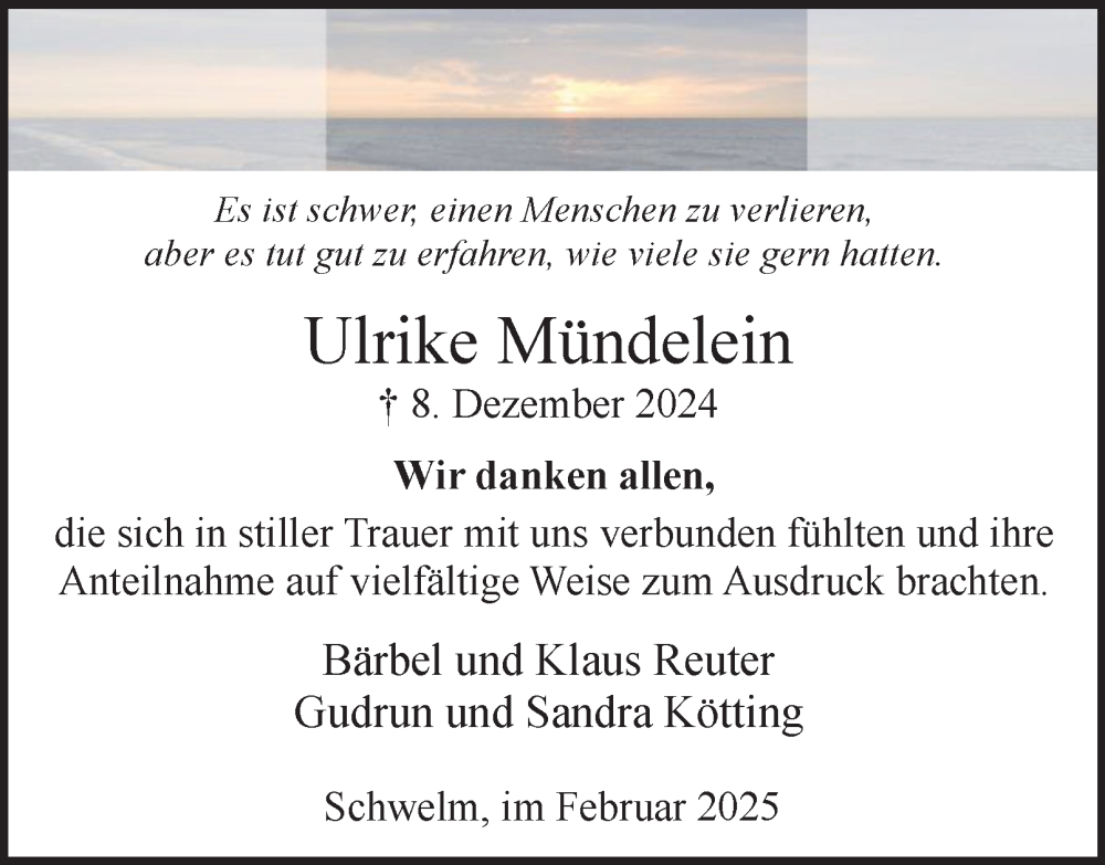  Traueranzeige für Ulrike Mündelein vom 01.02.2025 aus Tageszeitung
