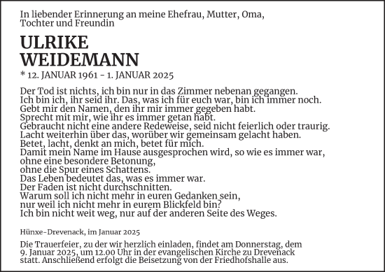 Traueranzeige von Ulrike Weidemann von Tageszeitung