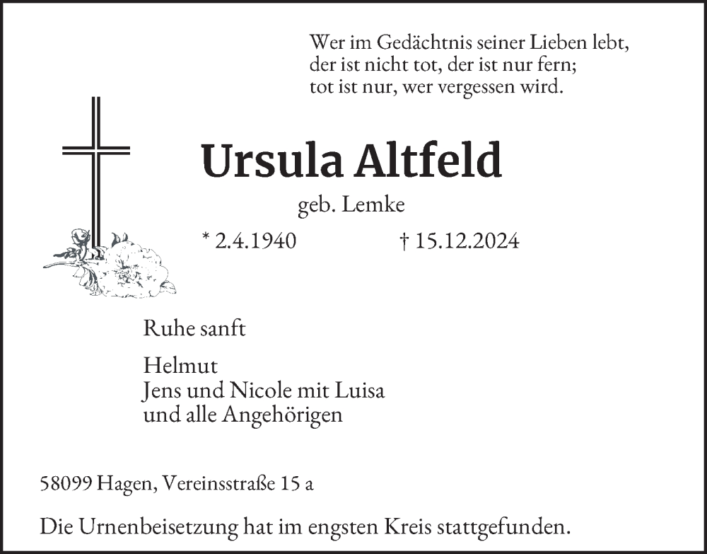  Traueranzeige für Ursula Altfeld vom 04.01.2025 aus Tageszeitung