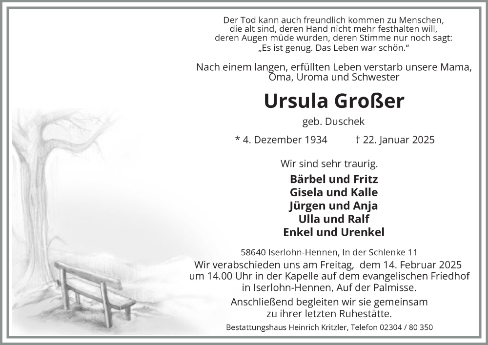  Traueranzeige für Ursula Großer vom 25.01.2025 aus Tageszeitung