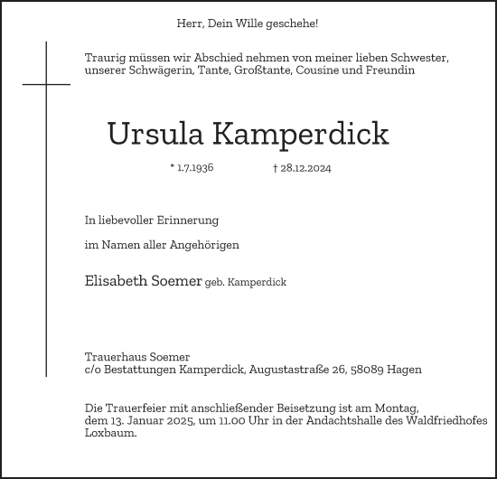 Traueranzeige von Ursula Kamperdick von Tageszeitung