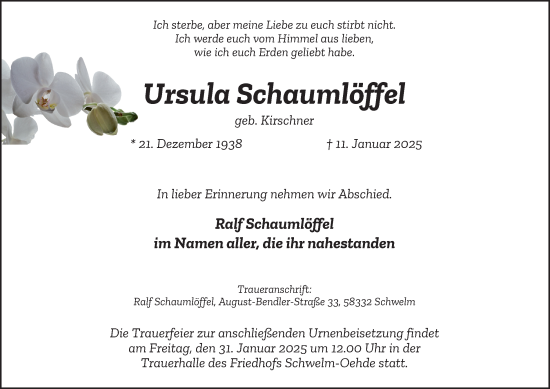 Traueranzeige von Ursula Schaumlöffel von Tageszeitung