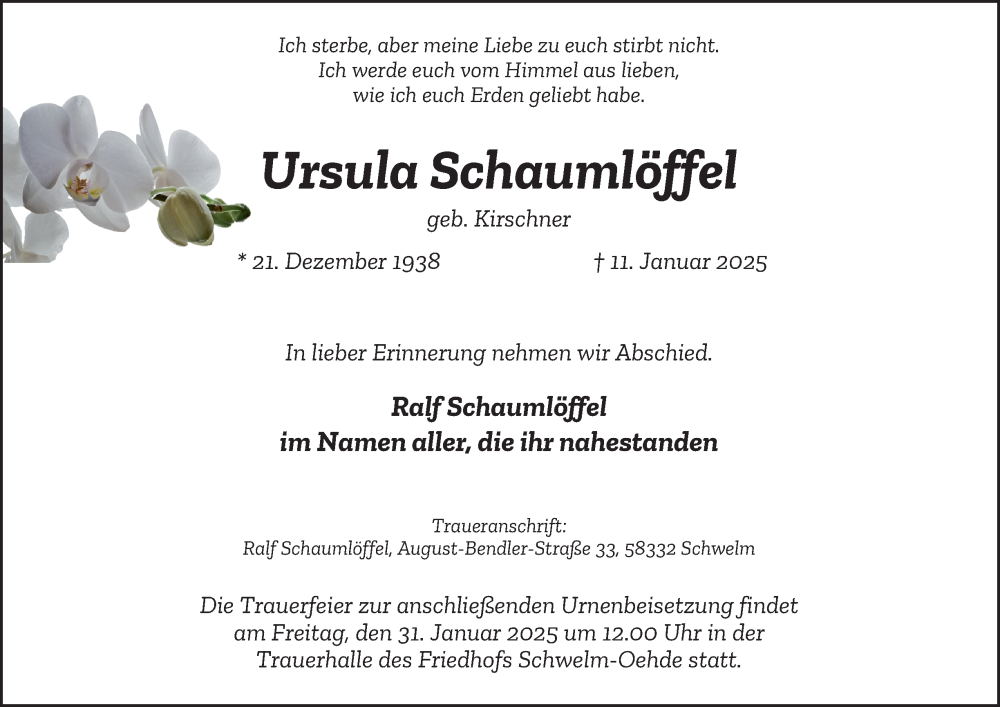  Traueranzeige für Ursula Schaumlöffel vom 25.01.2025 aus Tageszeitung