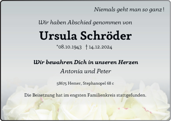 Traueranzeige von Ursula Schröder von Tageszeitung