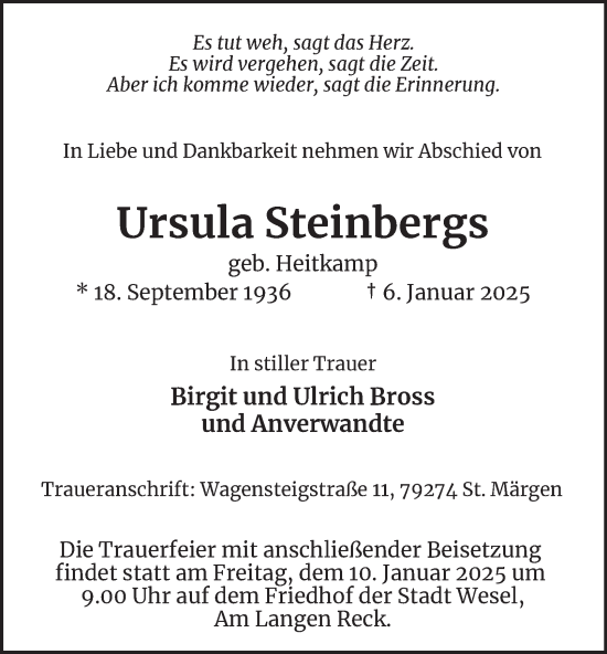 Traueranzeige von Ursula Steinbergs von Tageszeitung