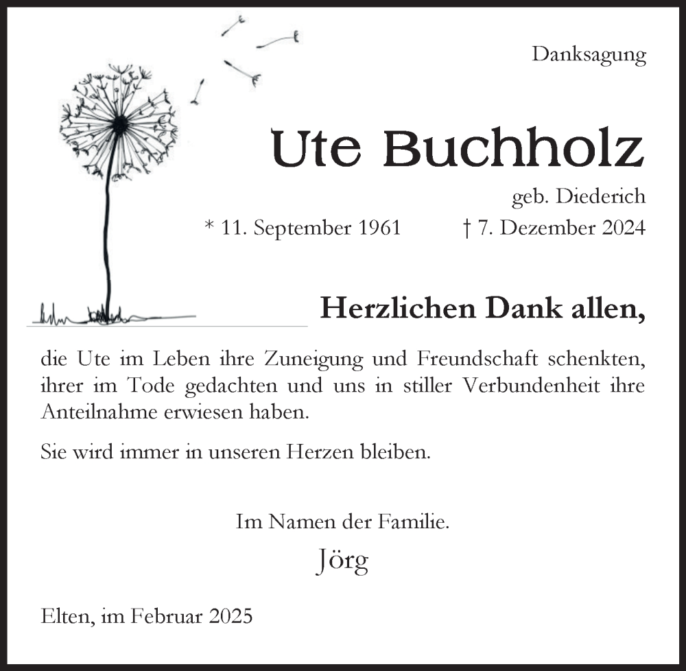  Traueranzeige für Ute Buchholz vom 01.02.2025 aus Tageszeitung