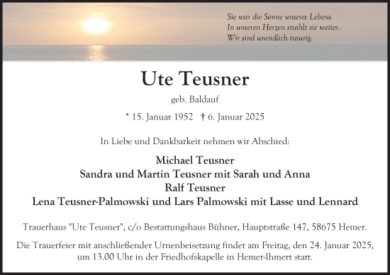 Traueranzeige von Ute Teusner von Tageszeitung