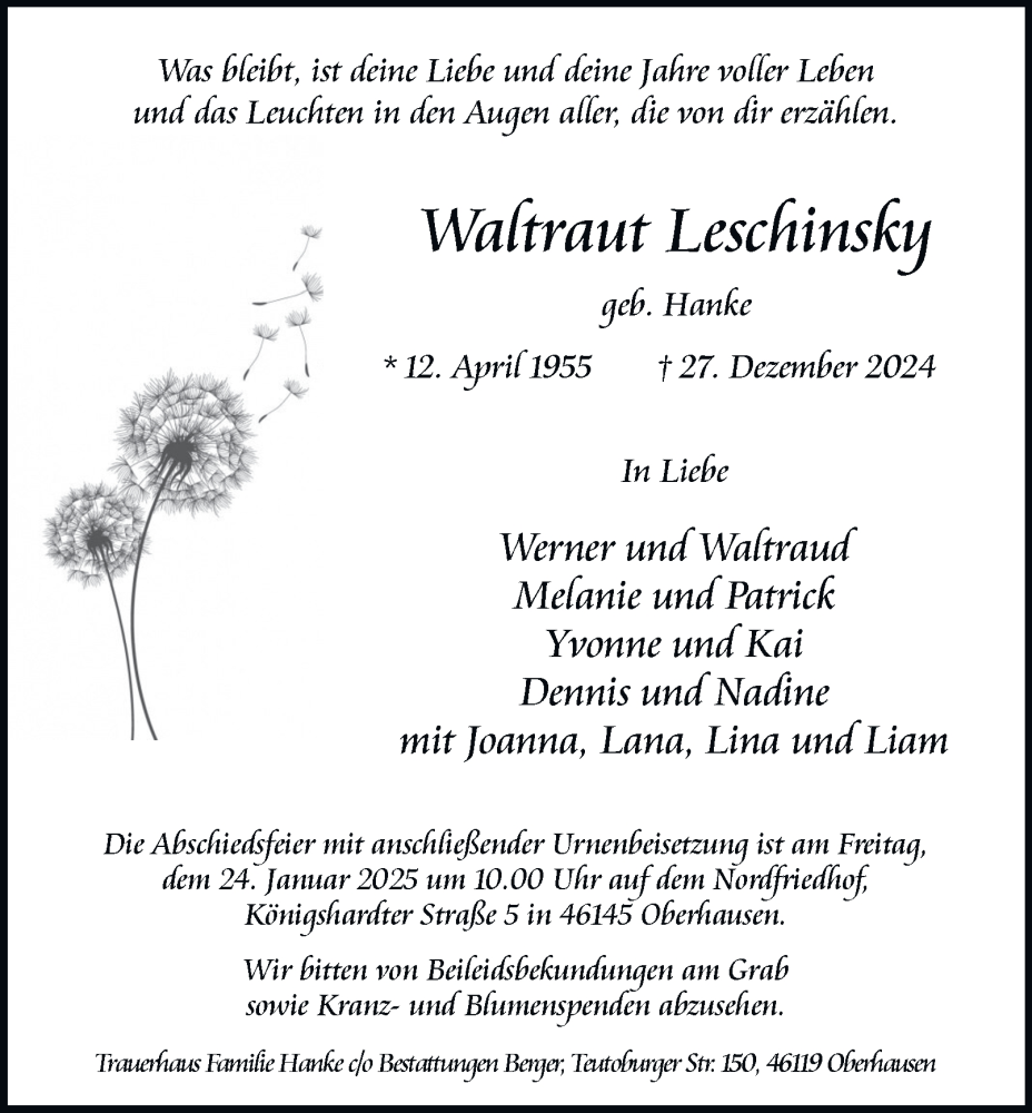  Traueranzeige für Waltraut Leschinsky vom 18.01.2025 aus Tageszeitung
