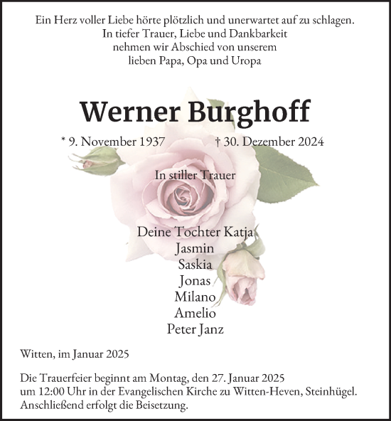 Traueranzeige von Werner Burghoff von Tageszeitung