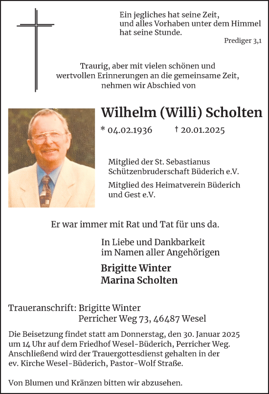 Traueranzeige von Wilhelm Scholten von Tageszeitung