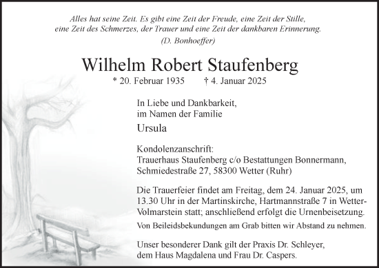 Traueranzeige von Wilhelm  Staufenberg von Tageszeitung