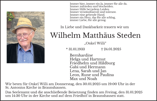 Traueranzeige von Wilhelm Matthäus Steden von Tageszeitung